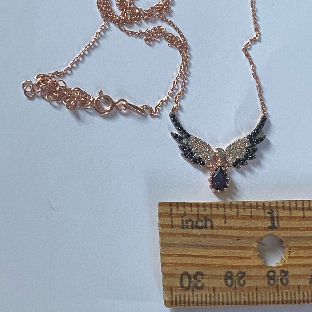 925 Silver angel wing necklace cz rose gold plated with big purple stone wings - Picture 2 of 7